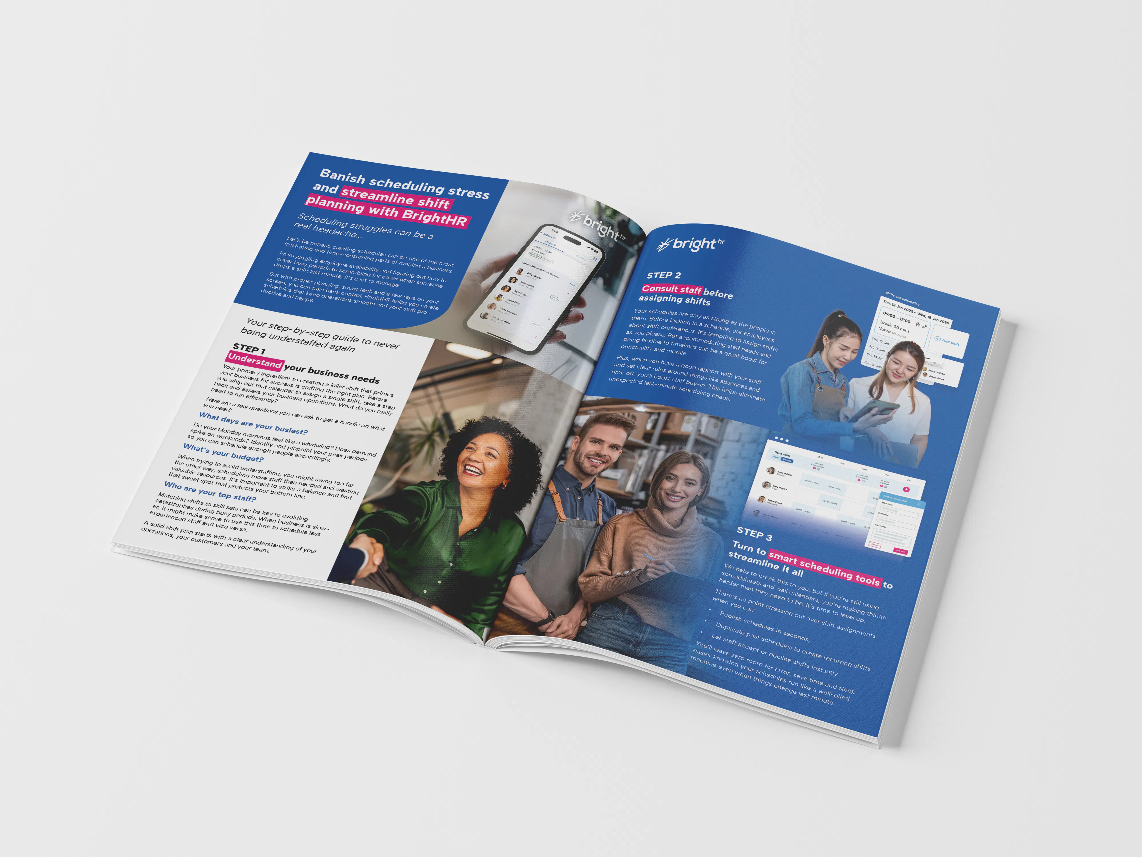 An image of an open shift and rota guide with details about BrightHR's scheduling tool for AU SMEs